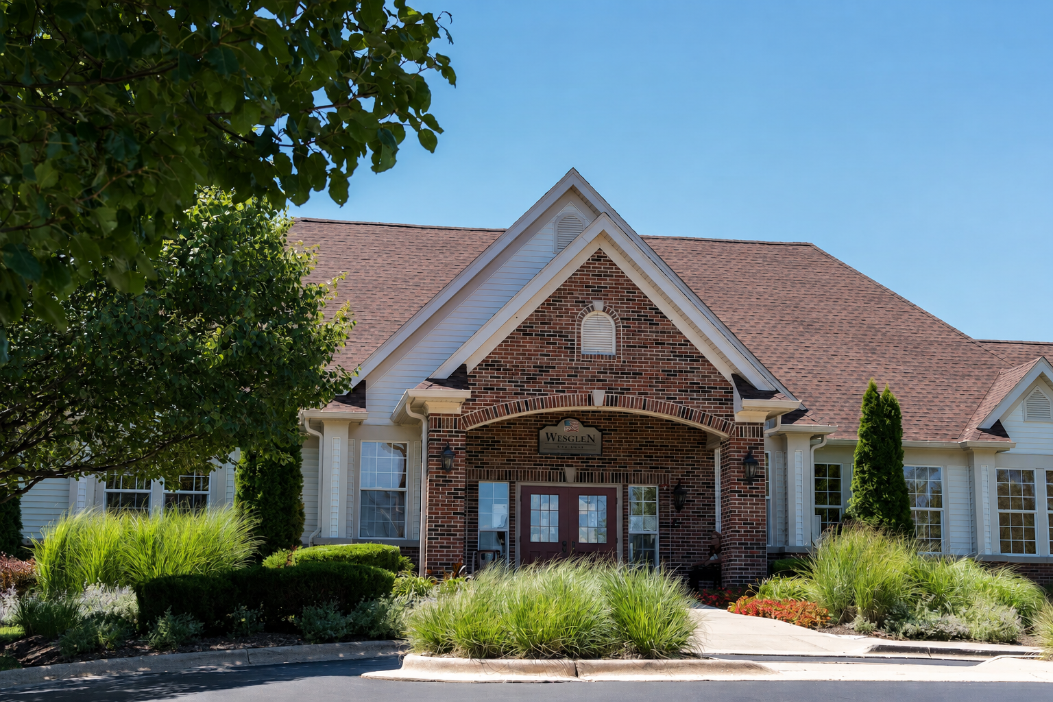 The Wesglen Country Club clubhouse, surrounded by gardens